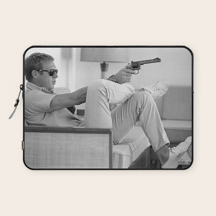 Steve McQueen, Gun, Sunglasses, Retro, Black and White, Photograph Laptop Sleeve Gallery Image 1