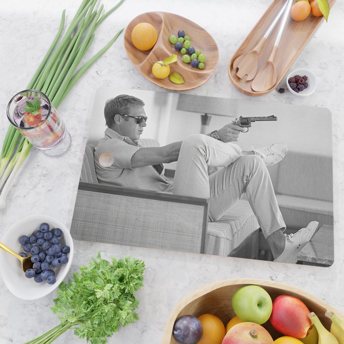 Steve McQueen, Gun, Sunglasses, Retro, Black and White, Photograph Cutting Board Gallery Image 2