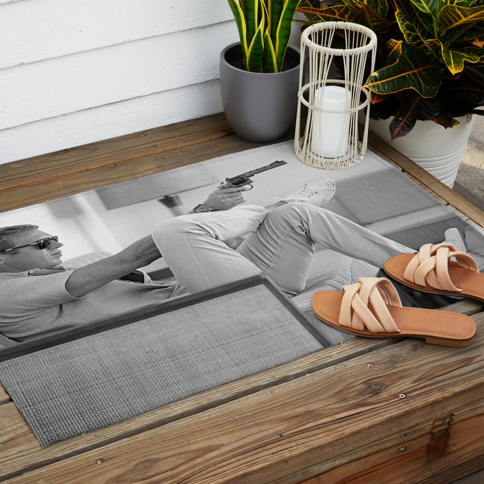 Steve McQueen, Gun, Sunglasses, Retro, Black and White, Photograph Outdoor Rug Gallery Image 2