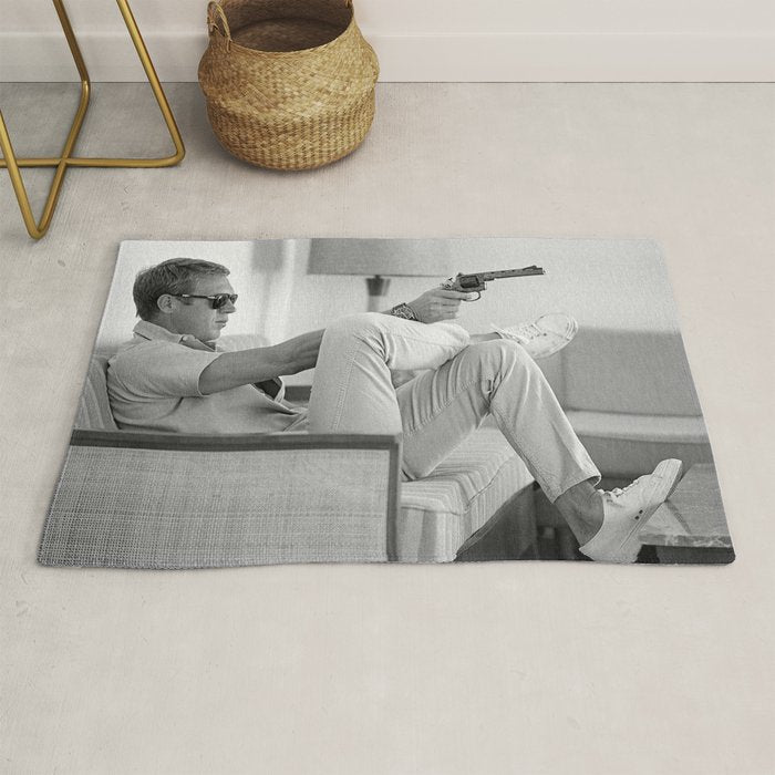 Steve McQueen, Gun, Sunglasses, Retro, Black and White, Photograph Rug Gallery Image 1