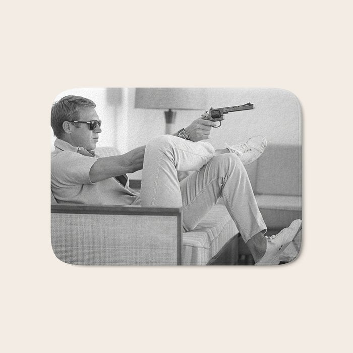 Steve McQueen, Gun, Sunglasses, Retro, Black and White, Photograph Bath Mat Gallery Image 1