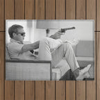 Steve McQueen, Gun, Sunglasses, Retro, Black and White, Photograph Outdoor Rug Gallery Image 1