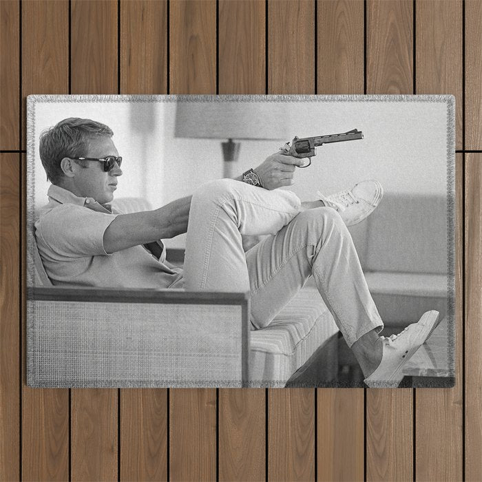 Steve McQueen, Gun, Sunglasses, Retro, Black and White, Photograph Outdoor Rug Gallery Image 1