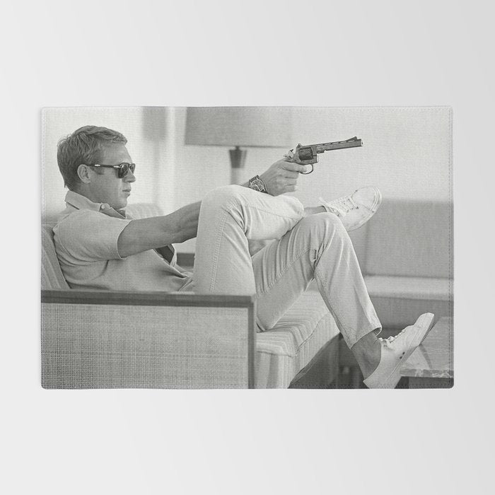 Steve McQueen, Gun, Sunglasses, Retro, Black and White, Photograph Rug Gallery Image 2
