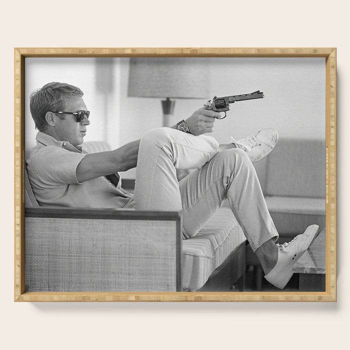Steve McQueen, Gun, Sunglasses, Retro, Black and White, Photograph Serving Tray Gallery Image 1