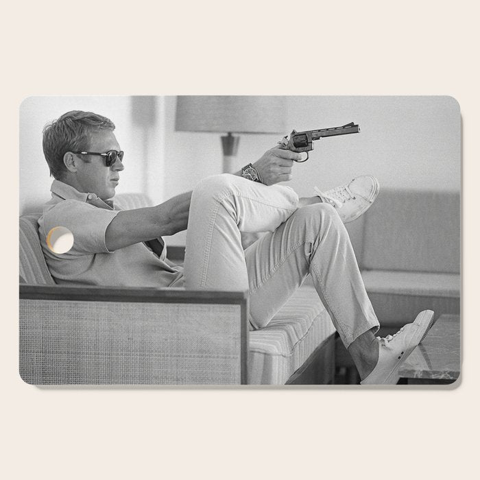 Steve McQueen, Gun, Sunglasses, Retro, Black and White, Photograph Cutting Board Gallery Image 1