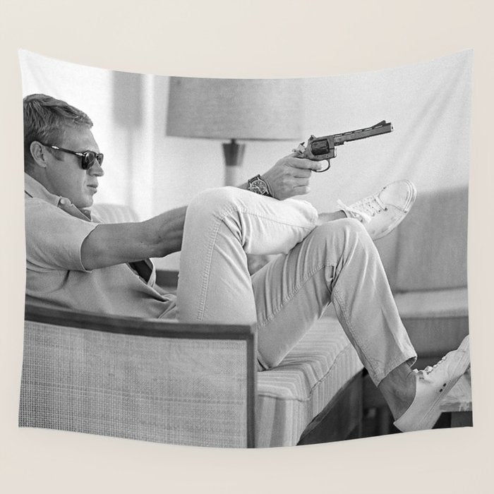 Steve McQueen, Gun, Sunglasses, Retro, Black and White, Photograph Wall Tapestry Gallery Image 4