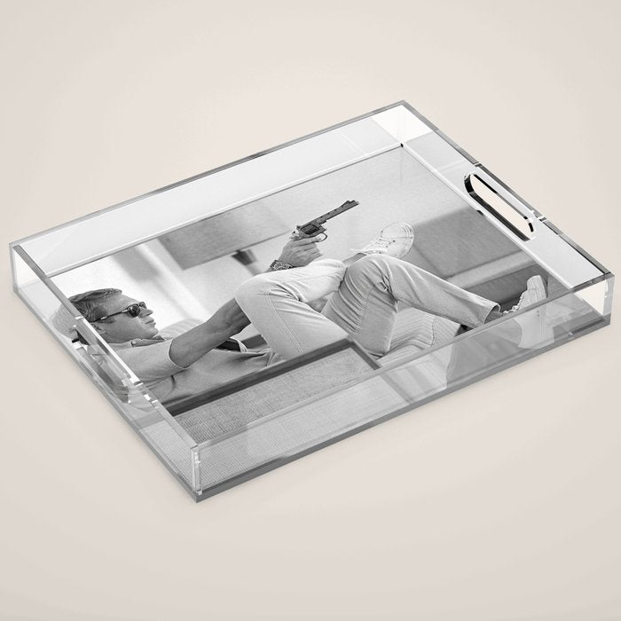 Steve McQueen, Gun, Sunglasses, Retro, Black and White, Photograph Acrylic Tray Gallery Image 1