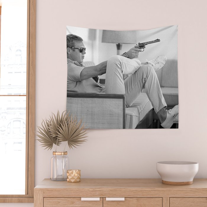 Steve McQueen, Gun, Sunglasses, Retro, Black and White, Photograph Wall Tapestry Gallery Image 2