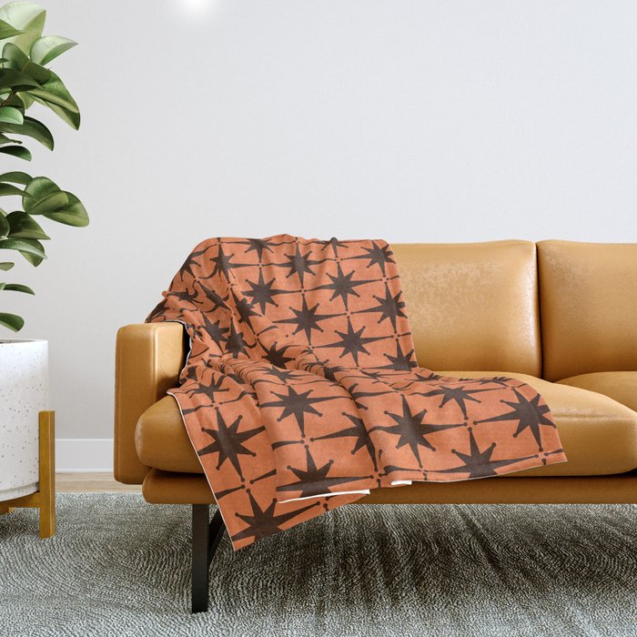 Midcentury Modern Atomic Starburst Pattern in Retro Orange and Dark Brown Throw Blanket Gallery Image 1