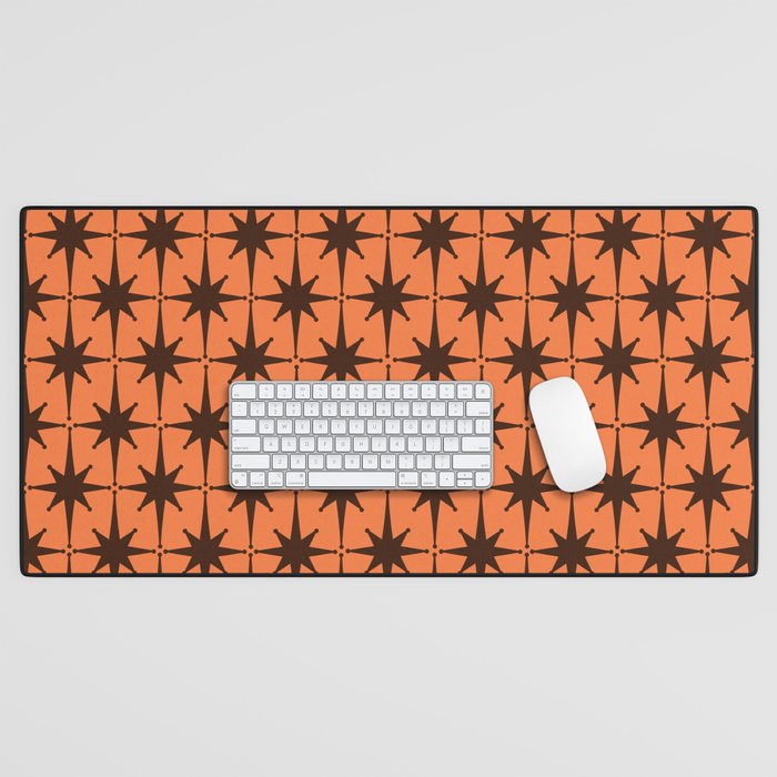 Midcentury Modern Atomic Starburst Pattern in Retro Orange and Dark Brown Desk Mat Gallery Image 1