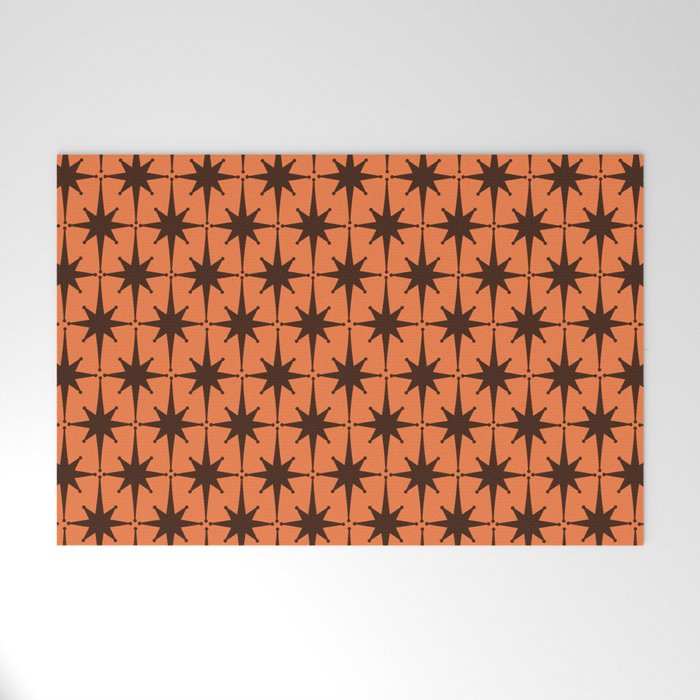 Midcentury Modern Atomic Starburst Pattern in Retro Orange and Dark Brown Welcome Mat Gallery Image 1