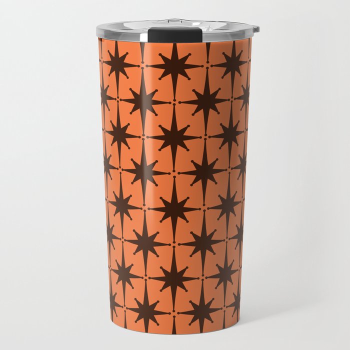 Midcentury Modern Atomic Starburst Pattern in Retro Orange and Dark Brown Travel Mug Gallery Image 1