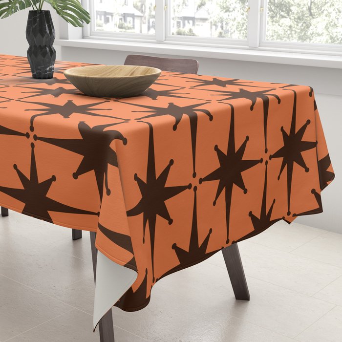 Midcentury Modern Atomic Starburst Pattern in Retro Orange and Dark Brown Tablecloth Gallery Image 3