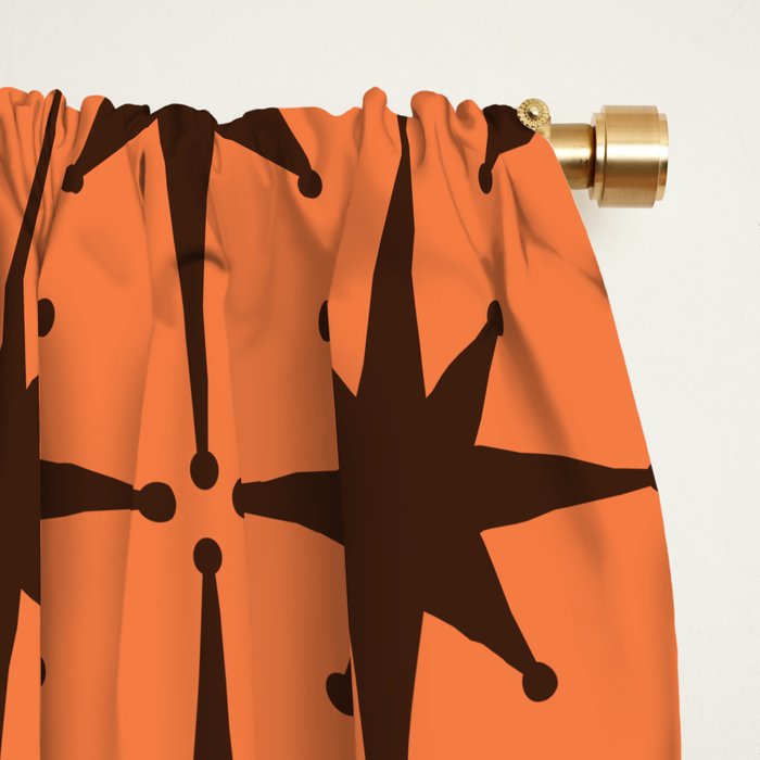 Midcentury Modern Atomic Starburst Pattern in Retro Orange and Dark Brown Window Curtain Gallery Image 2
