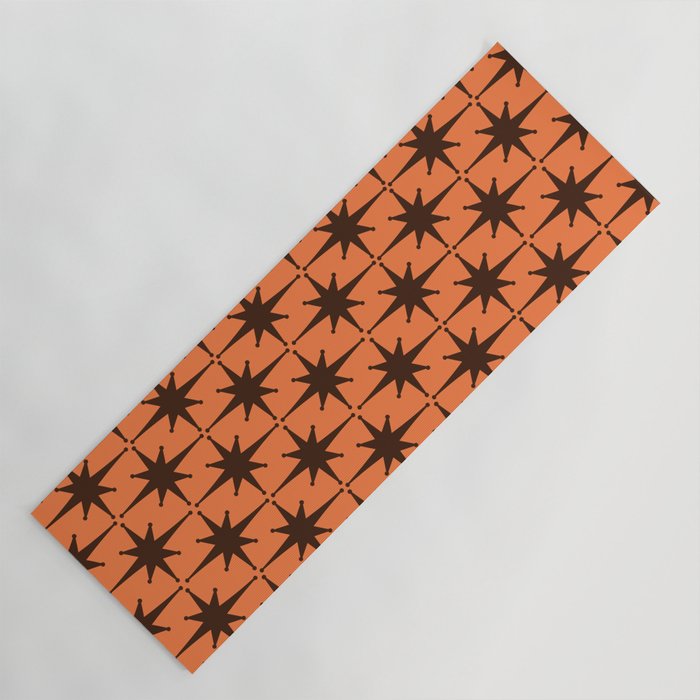 Midcentury Modern Atomic Starburst Pattern in Retro Orange and Dark Brown Yoga Mat Gallery Image 1