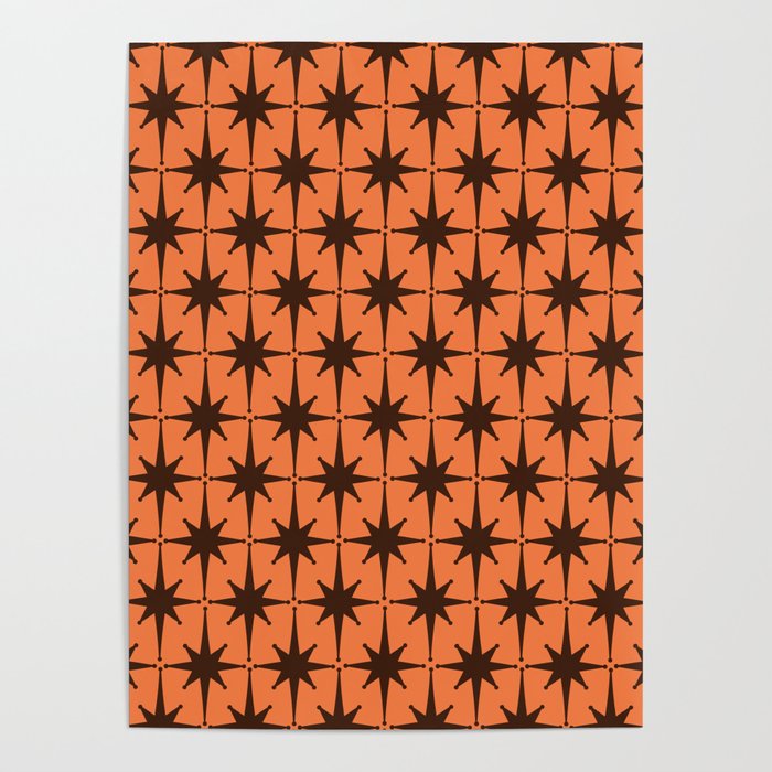 Midcentury Modern Atomic Starburst Pattern in Retro Orange and Dark Brown Poster Gallery Image 1