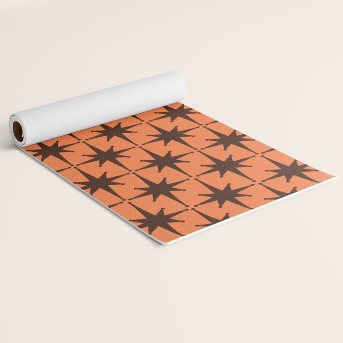 Midcentury Modern Atomic Starburst Pattern in Retro Orange and Dark Brown Yoga Mat Gallery Image 2