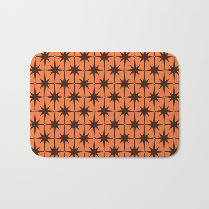 Midcentury Modern Atomic Starburst Pattern in Retro Orange and Dark Brown Bath Mat Gallery Image 1