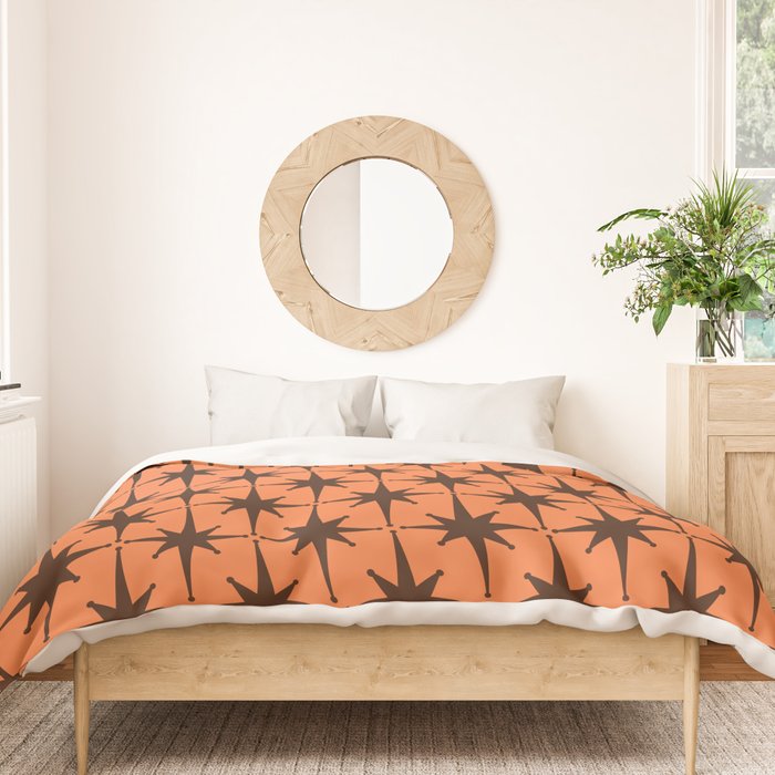 Midcentury Modern Atomic Starburst Pattern in Retro Orange and Dark Brown Duvet Cover Gallery Image 3