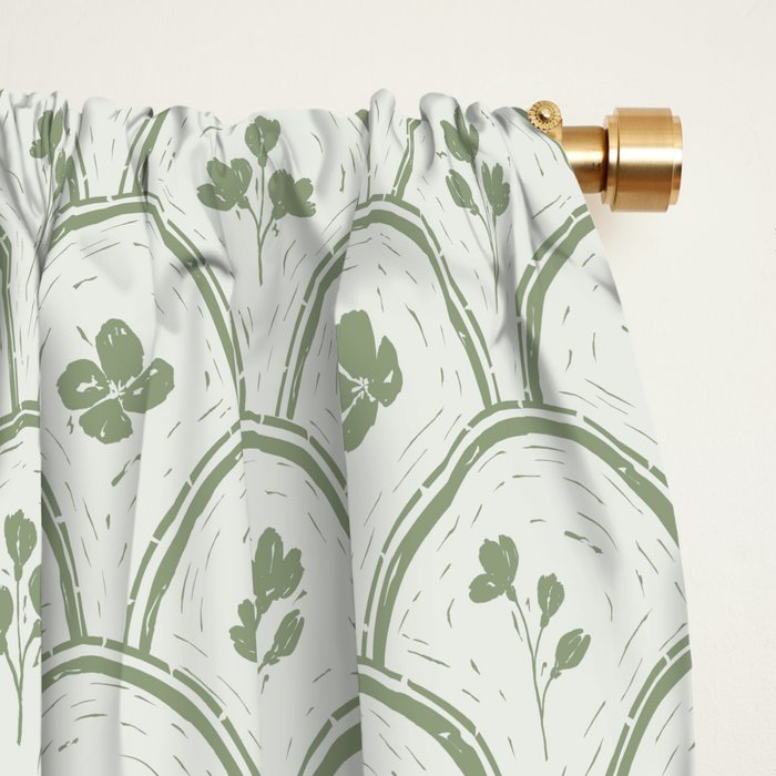 Rustic scallop floral block print - sage green pattern Window Curtain Gallery Image 2