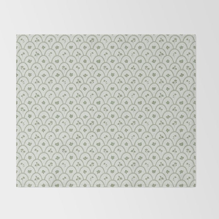 Rustic scallop floral block print - sage green pattern Throw Blanket Gallery Image 2
