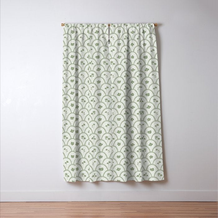 Rustic scallop floral block print - sage green pattern Window Curtain Gallery Image 3