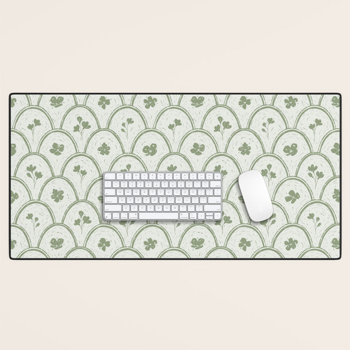 Rustic scallop floral block print - sage green pattern Desk Mat Gallery Image 1