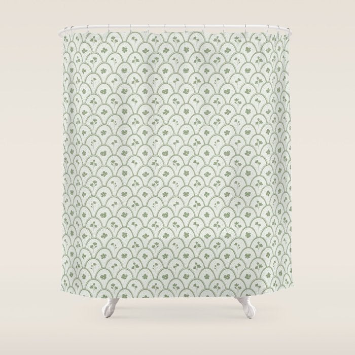 Rustic scallop floral block print - sage green pattern Shower Curtain Gallery Image 1