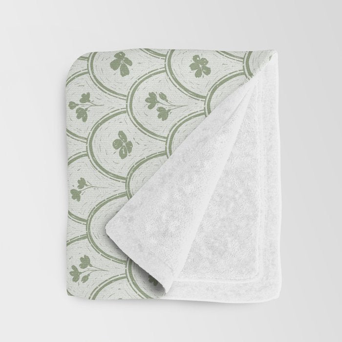 Rustic scallop floral block print - sage green pattern Throw Blanket Gallery Image 3