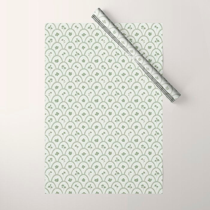 Rustic scallop floral block print - sage green pattern Wrapping Paper Gallery Image 1