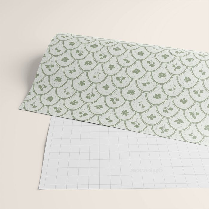 Rustic scallop floral block print - sage green pattern Wrapping Paper Gallery Image 2