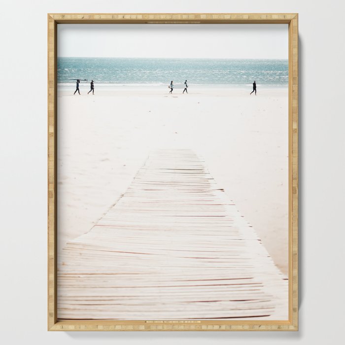 Surf Walk - beach print - surfers - walkway - ocean - sea travel photography Serving Tray Gallery Image 1