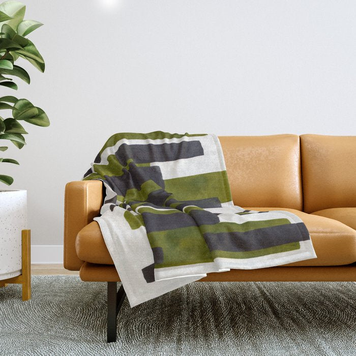 Olive Green Primitive Stripes Mid Century Modern Minimalist Watercolor Gouache Painting Colorful Str Throw Blanket Gallery Image 1
