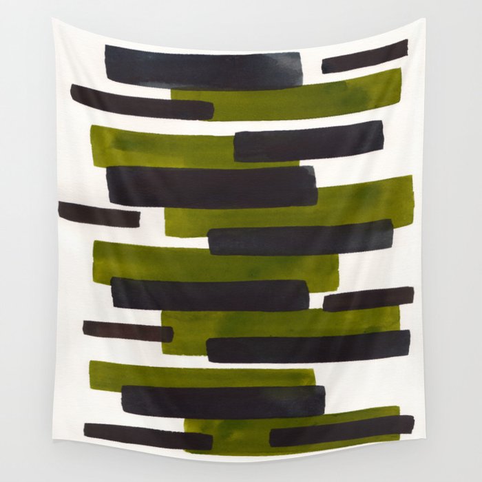 Olive Green Primitive Stripes Mid Century Modern Minimalist Watercolor Gouache Painting Colorful Str Wall Tapestry Gallery Image 4