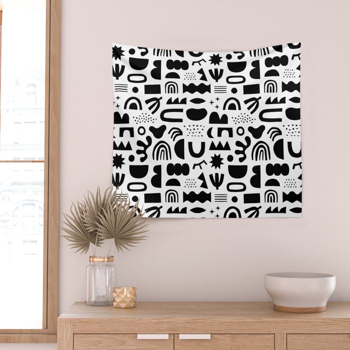 Black and white abstract organic shape pattern Wall Tapestry Gallery Image 2