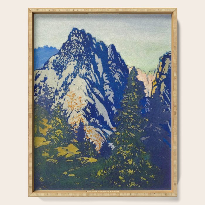  A Departure I - Mountain & Forest Nature Ukiyo Landscape in Blue, Green & Grey Serving Tray Gallery Image 1