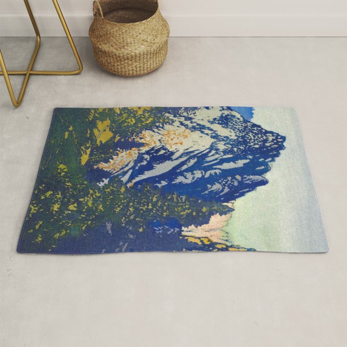  A Departure I - Mountain & Forest Nature Ukiyo Landscape in Blue, Green & Grey Rug Gallery Image 1