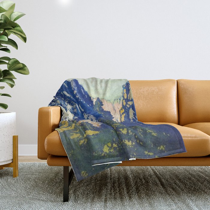  A Departure I - Mountain & Forest Nature Ukiyo Landscape in Blue, Green & Grey Throw Blanket Gallery Image 1