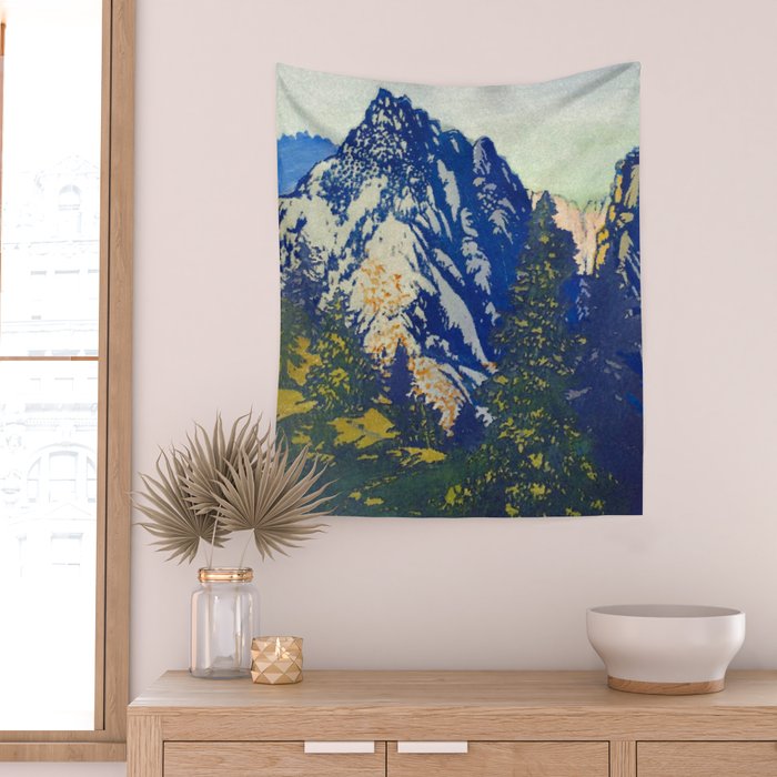  A Departure I - Mountain & Forest Nature Ukiyo Landscape in Blue, Green & Grey Wall Tapestry Gallery Image 2