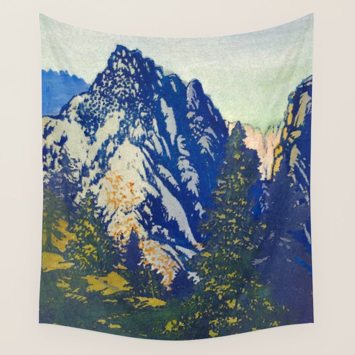 A Departure I - Mountain & Forest Nature Ukiyo Landscape in Blue, Green & Grey Wall Tapestry Gallery Image 1