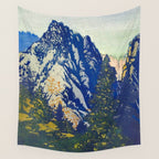  A Departure I - Mountain & Forest Nature Ukiyo Landscape in Blue, Green & Grey Wall Tapestry Gallery Image 4