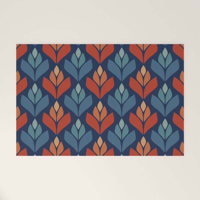 Blue & Red Retro Trefoil Pattern Welcome Mat Gallery Image 1