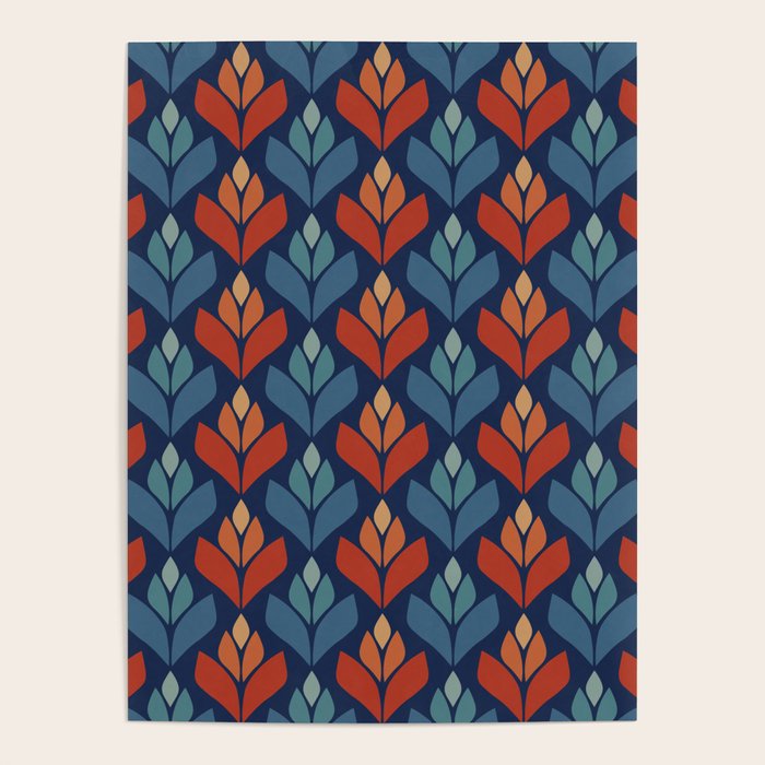 Blue & Red Retro Trefoil Pattern Poster Gallery Image 4
