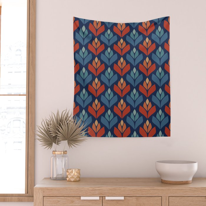 Blue & Red Retro Trefoil Pattern Wall Tapestry Gallery Image 2