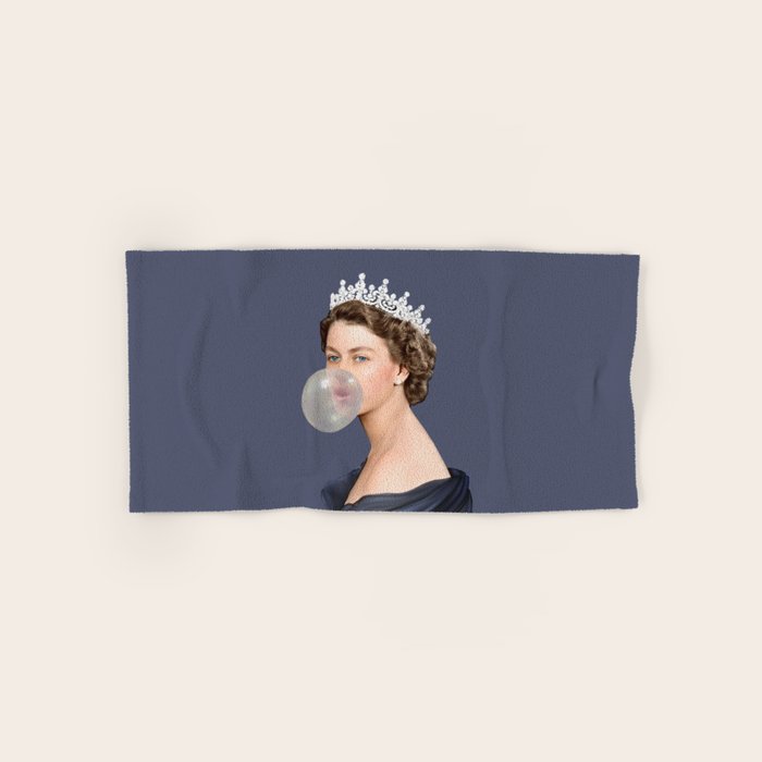 Queen Elizabeth in blue satin blowing a bubble gum Bath Towel Gallery Image 1