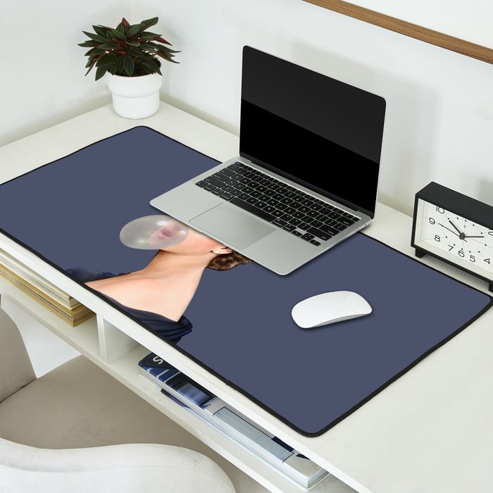 Queen Elizabeth in blue satin blowing a bubble gum Desk Mat Gallery Image 2