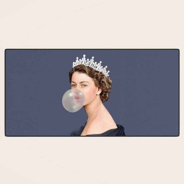 Queen Elizabeth in blue satin blowing a bubble gum Desk Mat Gallery Image 3