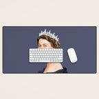 Queen Elizabeth in blue satin blowing a bubble gum Desk Mat Gallery Image 1