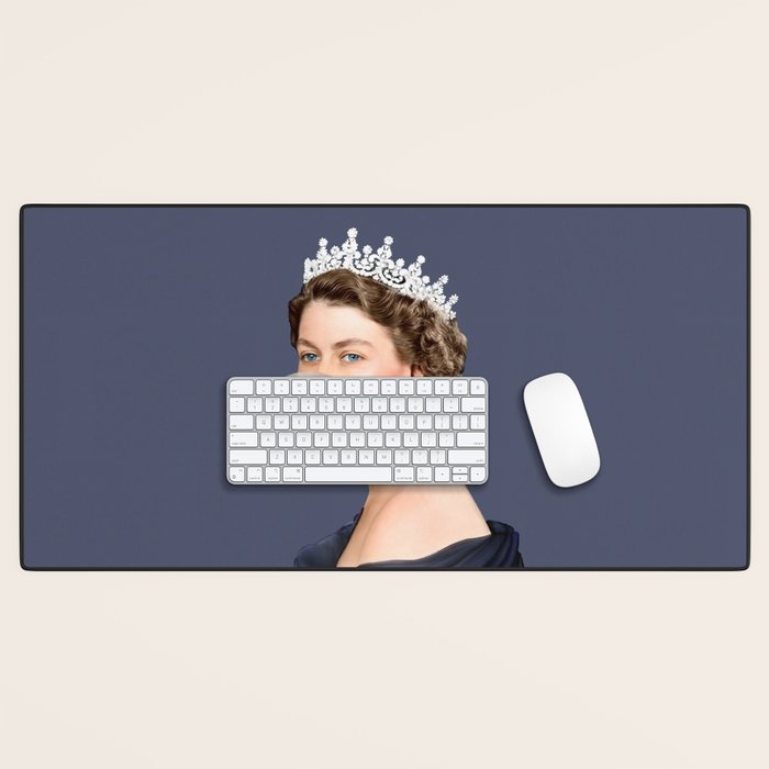 Queen Elizabeth in blue satin blowing a bubble gum Desk Mat Gallery Image 1